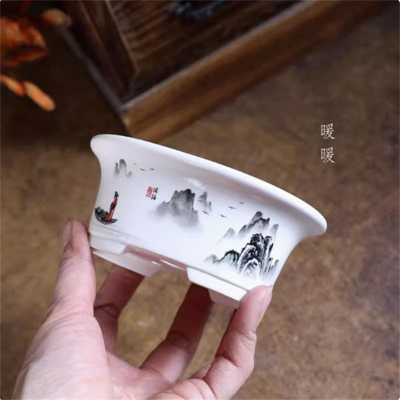 Bonsai Garden Chinese Garden - وعاء بونساي بيضاوي أبيض من البورسلين،